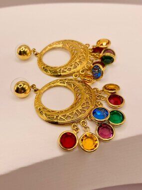 Vintage Multicolored Gold Tone Austrian Crystal Dangle Hoop Earrings -70B